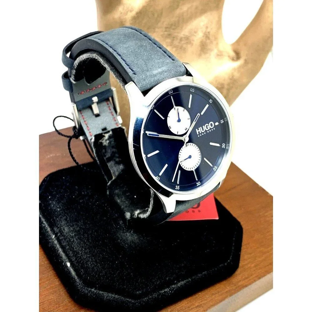 Hugo Boss Men's Watch 1530121 Quartz Blue Dial Silver Case Leather Band 41mm